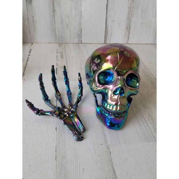 Halloween rainbow iridescent skull skeleton hand set prop decor - Picture 1 of 16